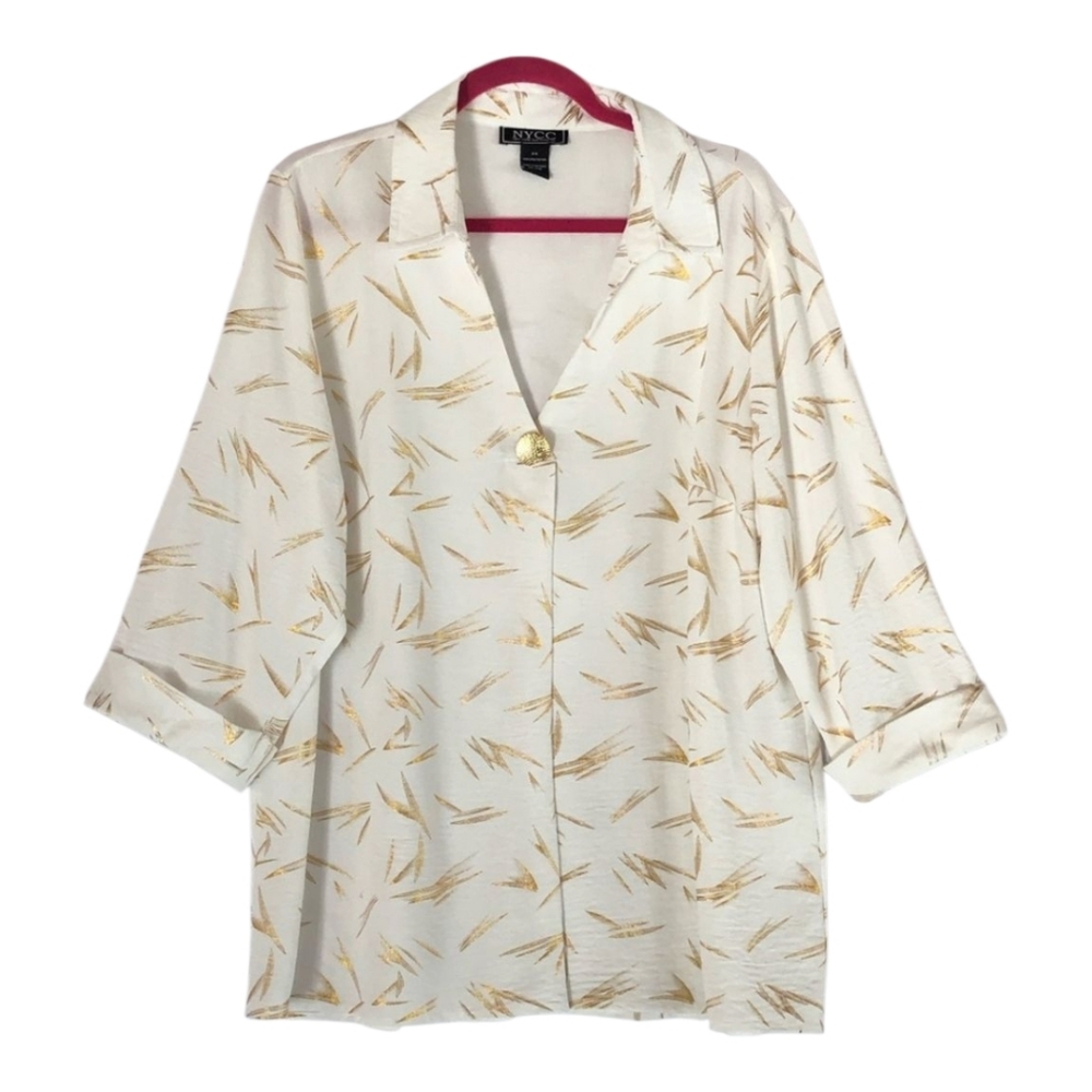 NYCC Elegant White and Gold Collar V Neck 3/4 Cuff Sleeve Blouse 2X